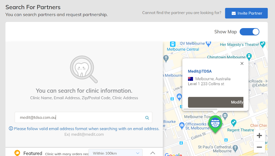 screenshot of Search for Partners on MeditLink page